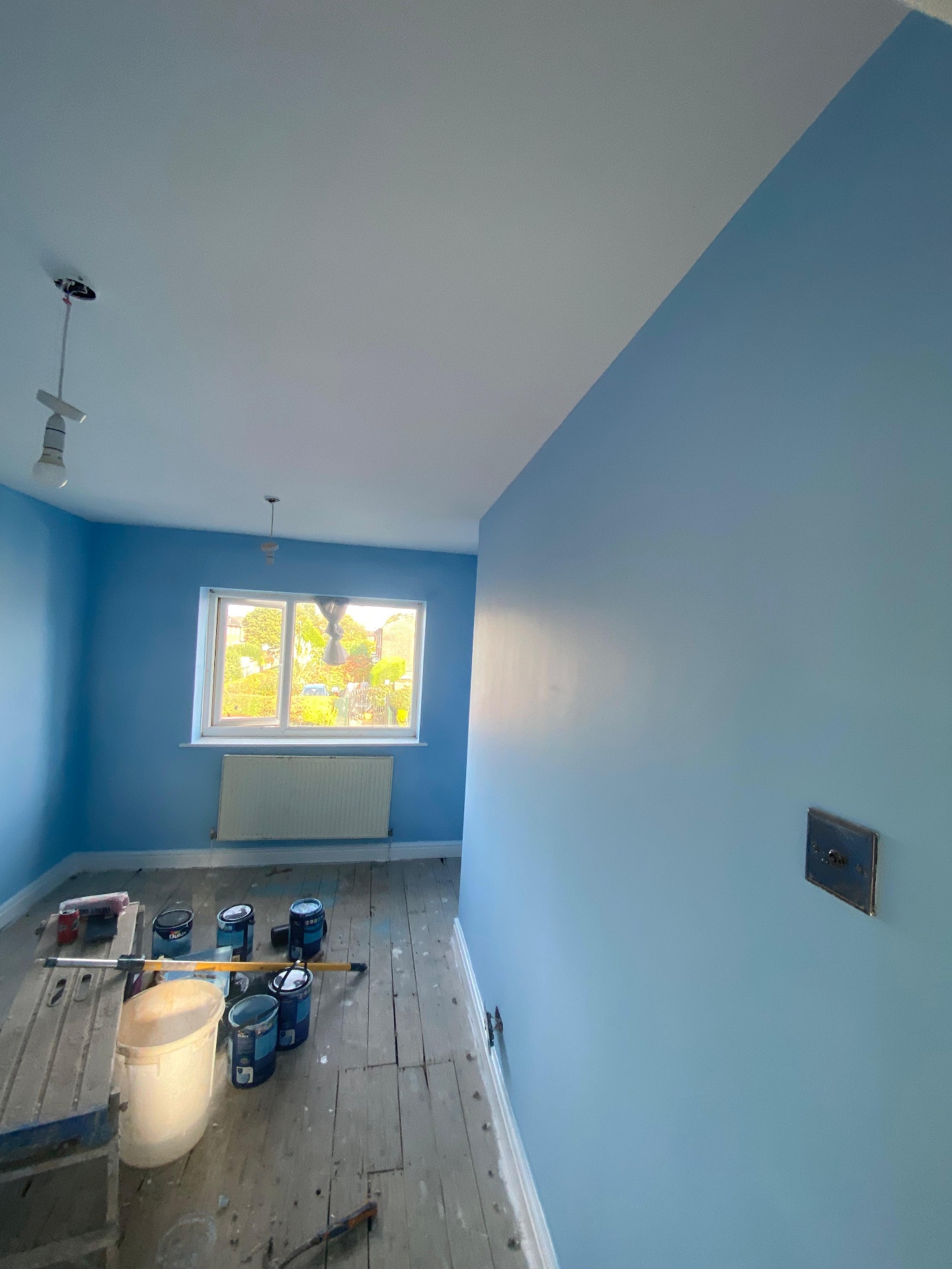 Freshly painted bedroom — blue feature walls