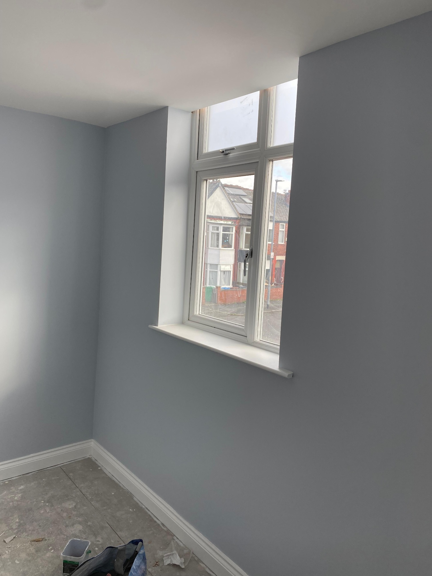 Upstairs bedroom — grey scheme