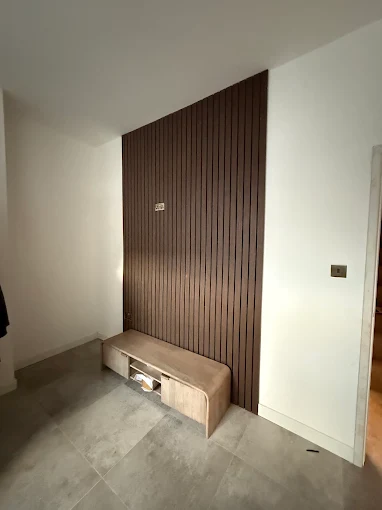 Wood-slat feature wall & hallway